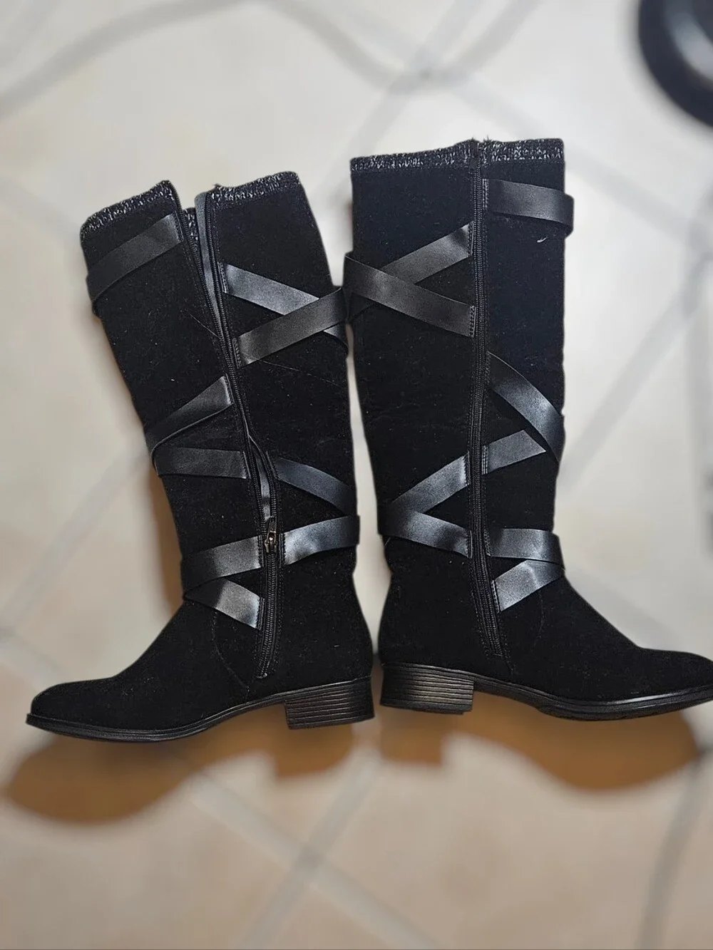 JustFab Black Over-the-Knee Buckle & Gold-Zipper Boots